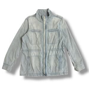 GAP Blue White Railroad Stripe Utility Jacket L Zip Front Waist Chore Coat‎